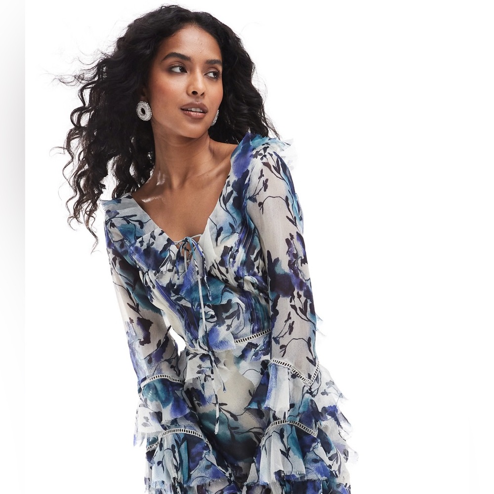 ASOS DESIGN Long Sleeve Ruffle Maxi Dress in Rose Floral Print - Picture 3 of 12